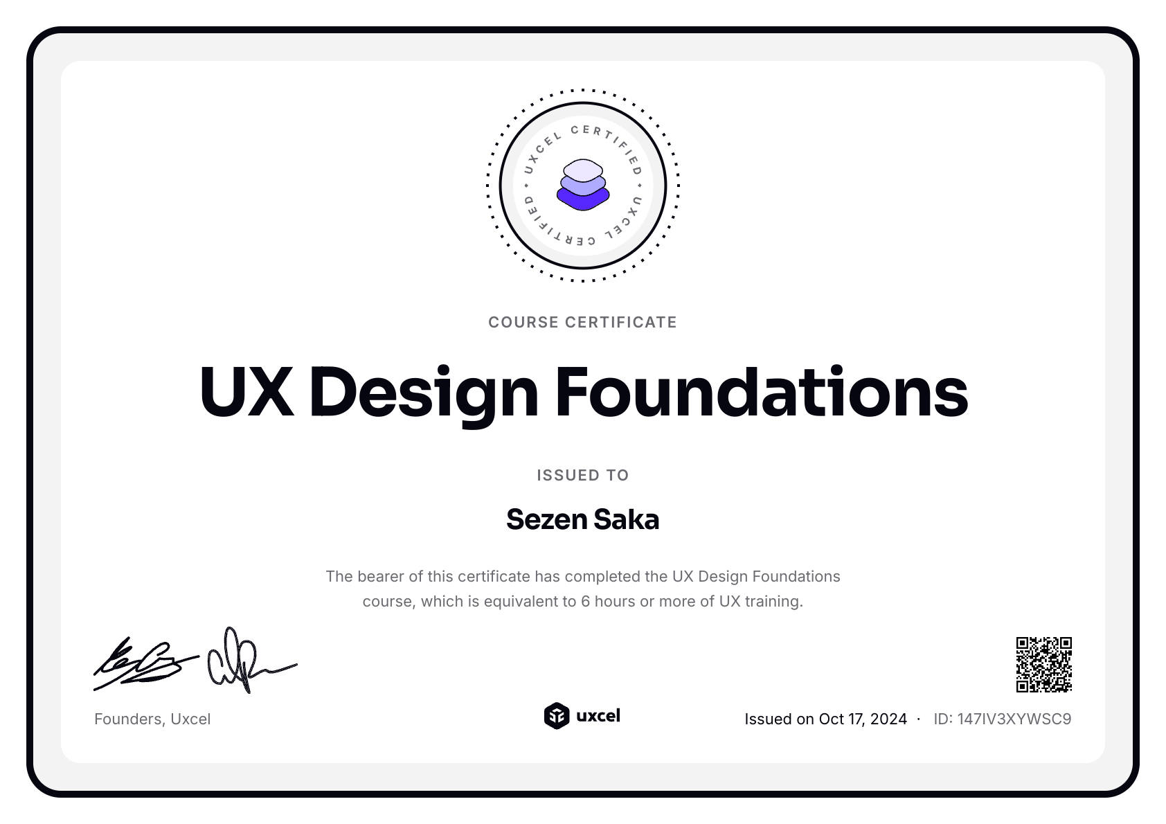 Sezen Saka's certificate